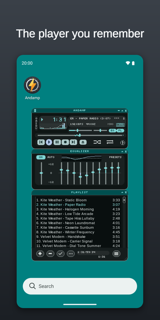 Andamp&rsquo;s player, equalizer and playlist windows